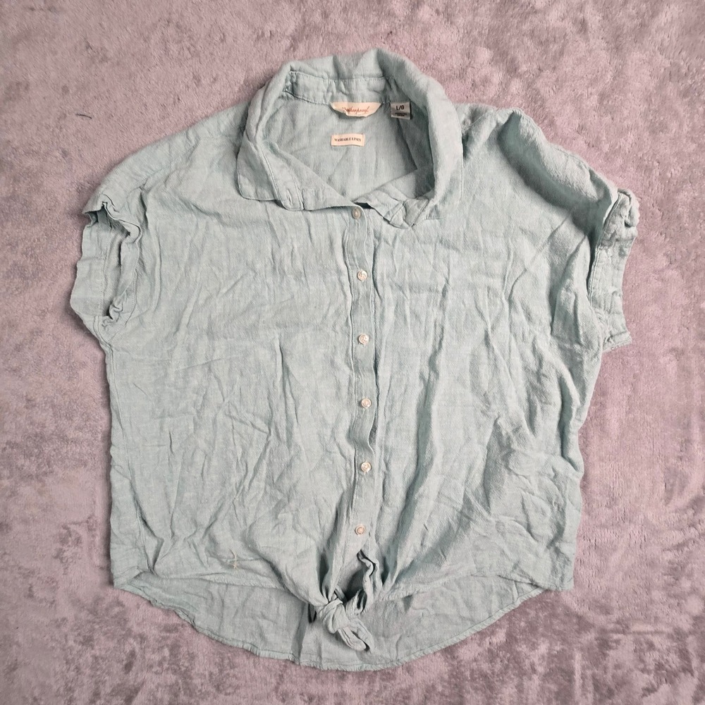 Coastal Linen Button Down Shirt Large Blue Washable Tie Front